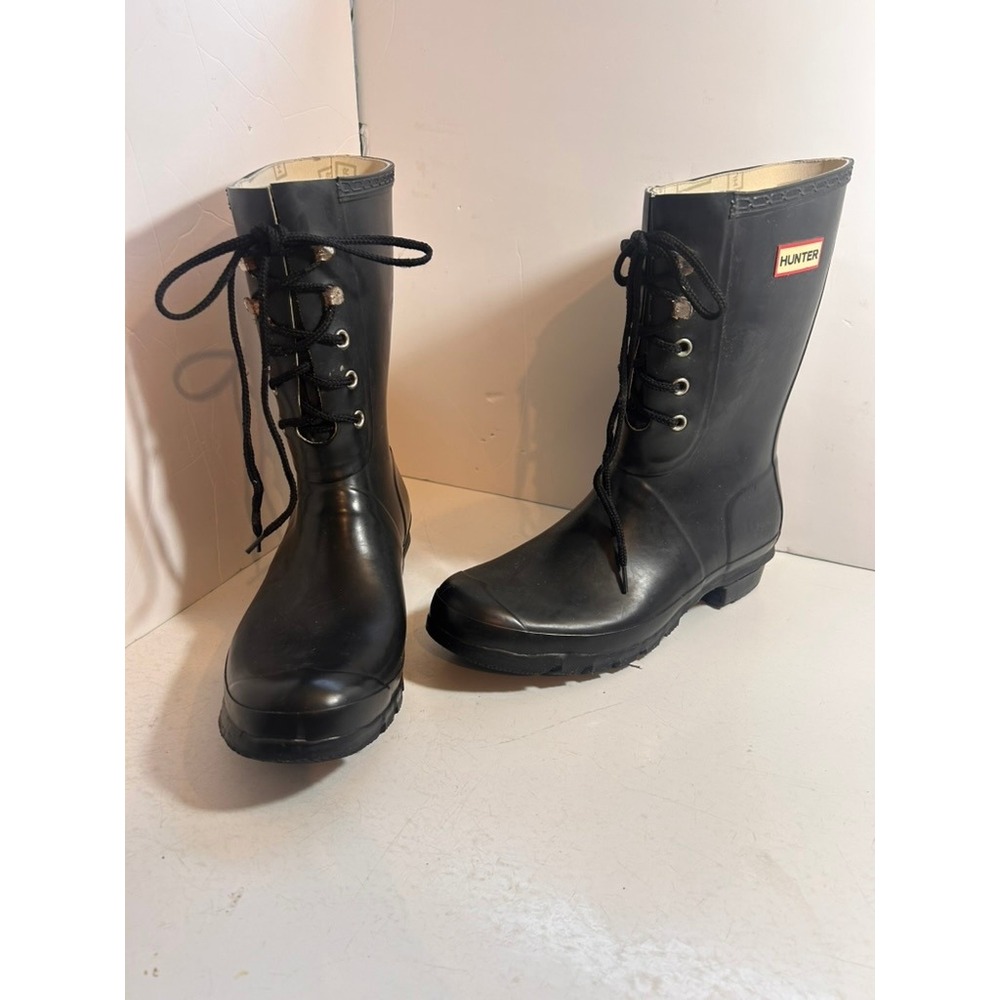 Hunter Original Lace‎ Up Rain Boots Matte Black Waterproof Mid Calf Rubber Boots